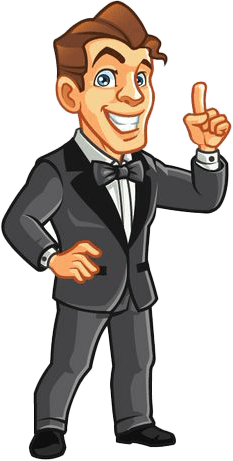 The wedding guy, a cartoon like character of a man with brown hair and blue eyes, smiling, wearing a tuxedo